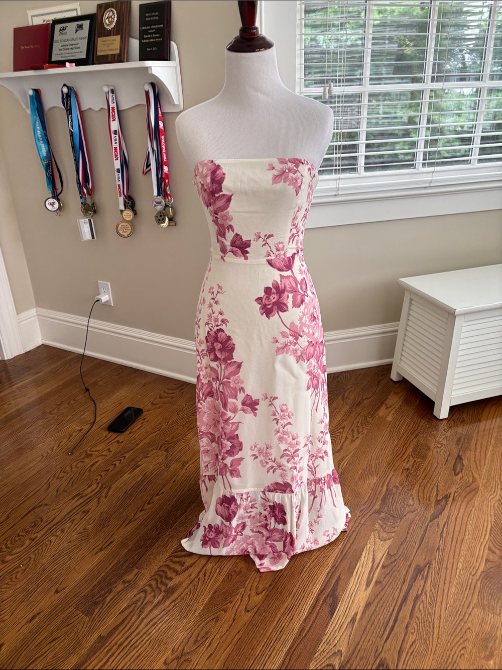 Reformation Strapless Cream Dress with Pink Floral Print